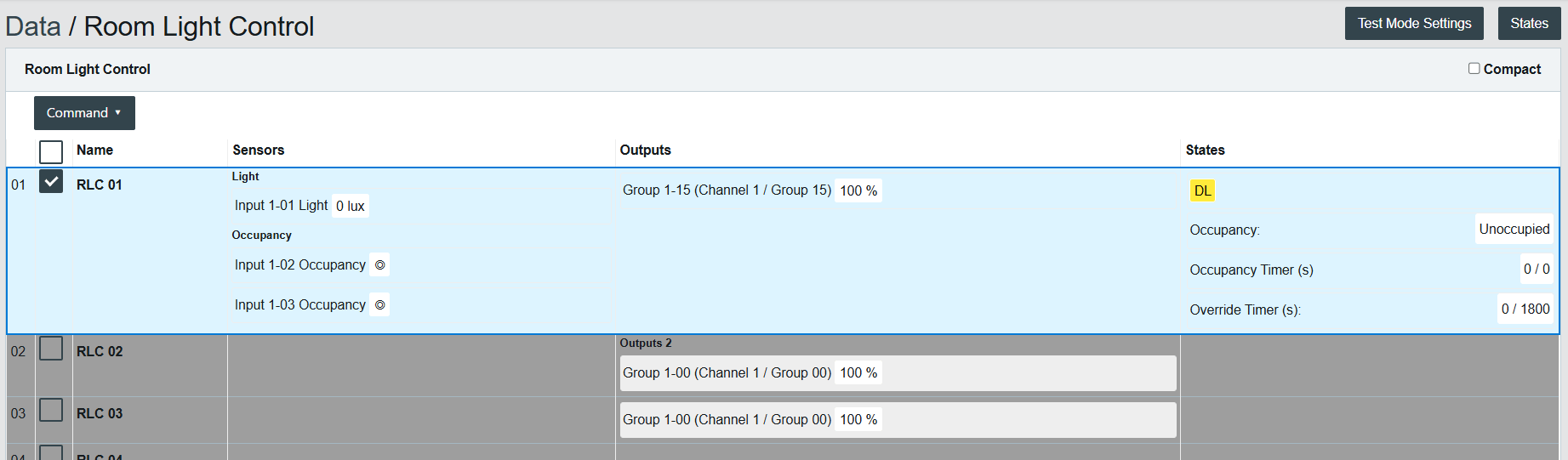 Room Light Control List